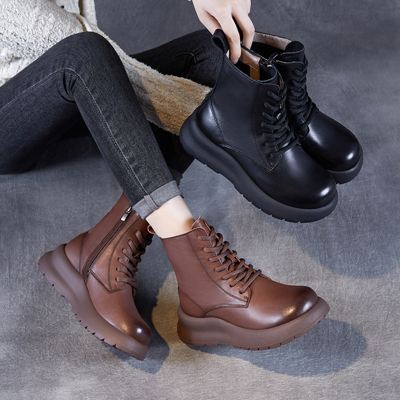 Women Vintage Solid Leather Thick Soled Boots-RAIIFY