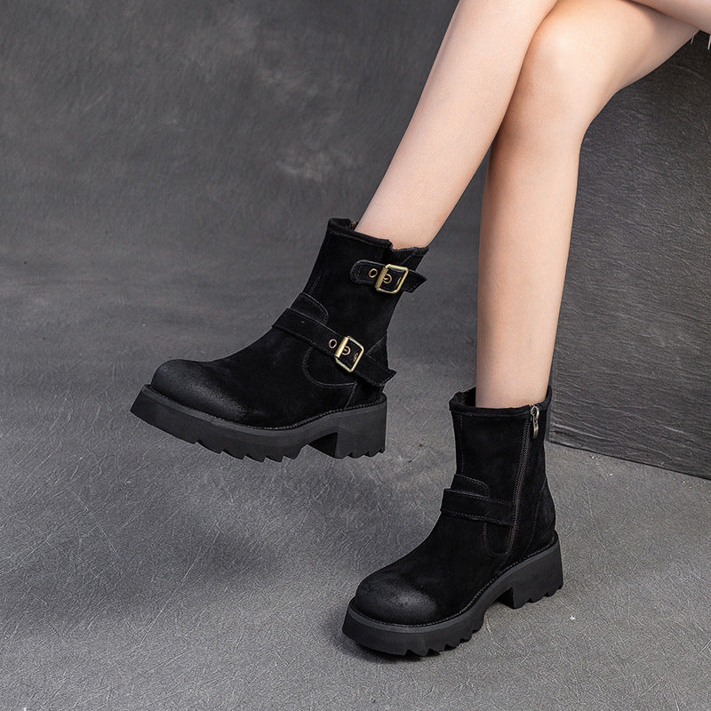 Women Vintage Nubuck Buckle Platform Boots-RAIIFY