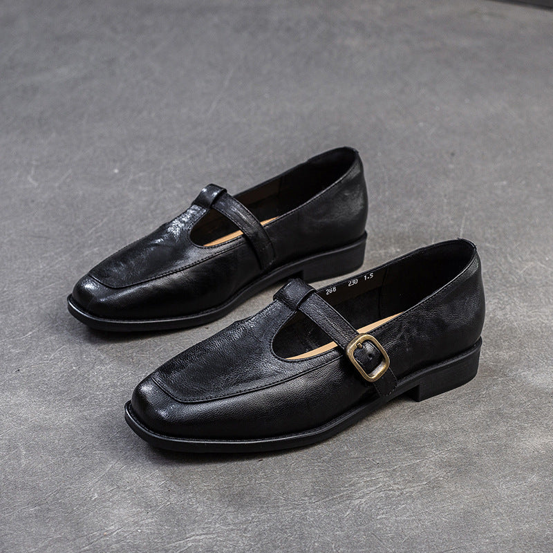 Women T-Strap Retro Leather Casual Loafers