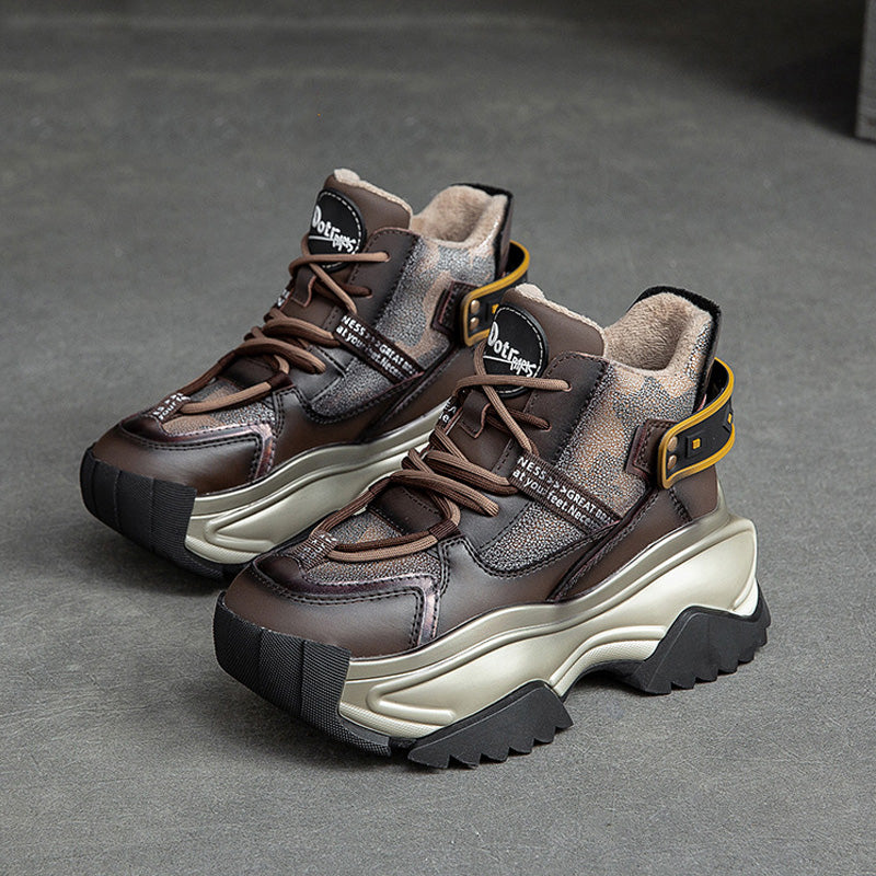 Women Retro Fashion Leather Chunky Platform Dad Shoes-RAIIFY