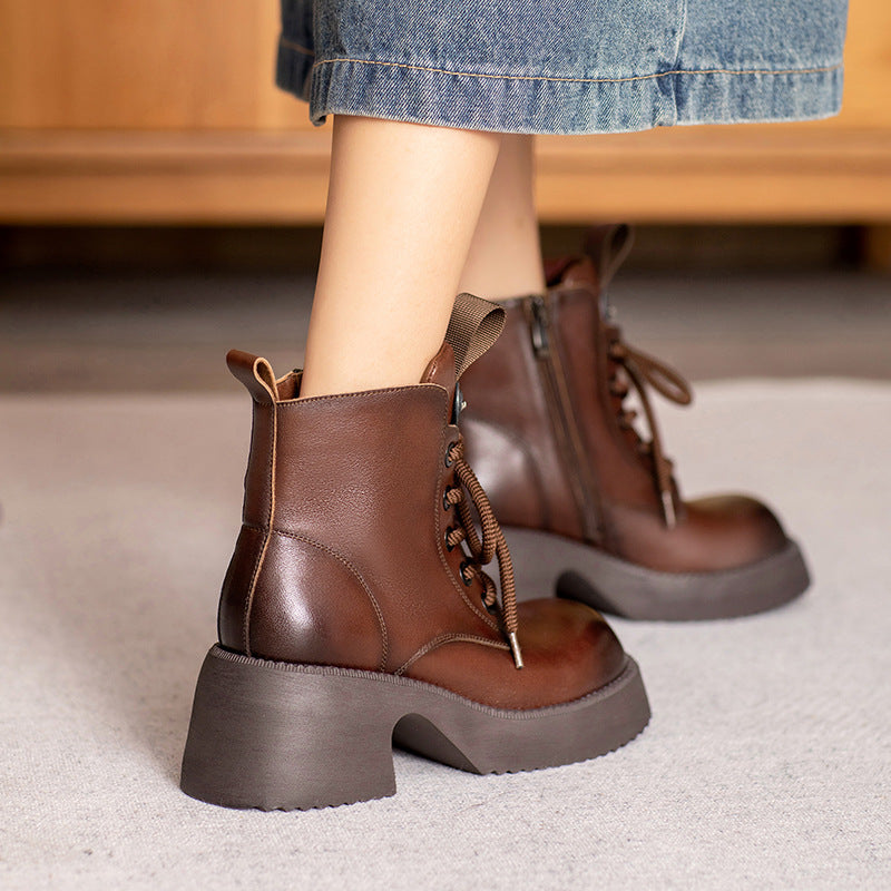 Women Vintage Leather Chunky Platform Boots-RAIIFY