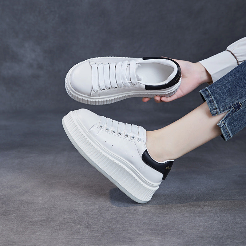 Women Minimalism Plain Leather Thick Soled Low Top Shoes-RAIIFY