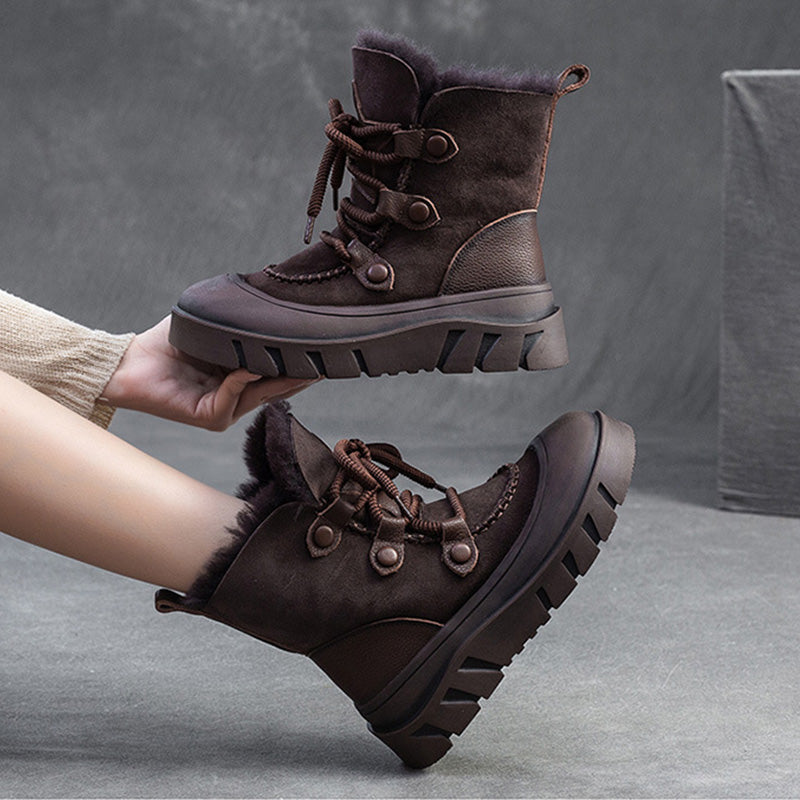 Women Retro Leather Casual Wool Snow Boots-RAIIFY