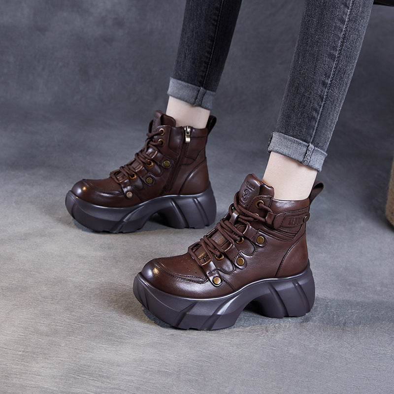 Women Vintage Leather Platform Ankle Boots-RAIIFY