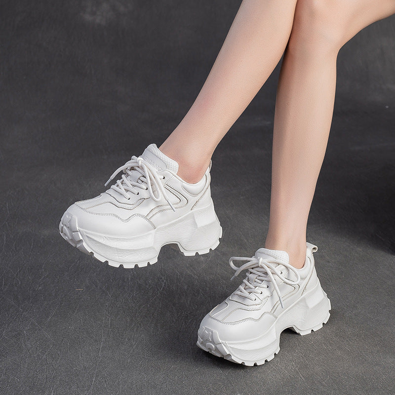 Women's Plain Quilted Leather Chunky Platform Sneakers-RAIIFY