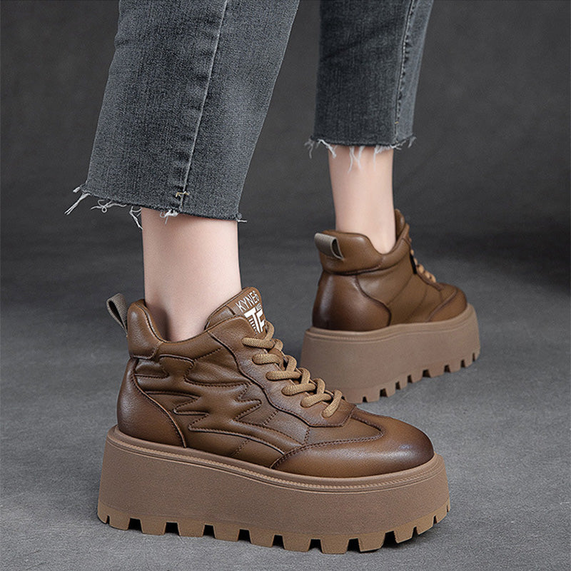 Women Minimalist Cowhide Chunky Platform Casual Shoes-RAIIFY