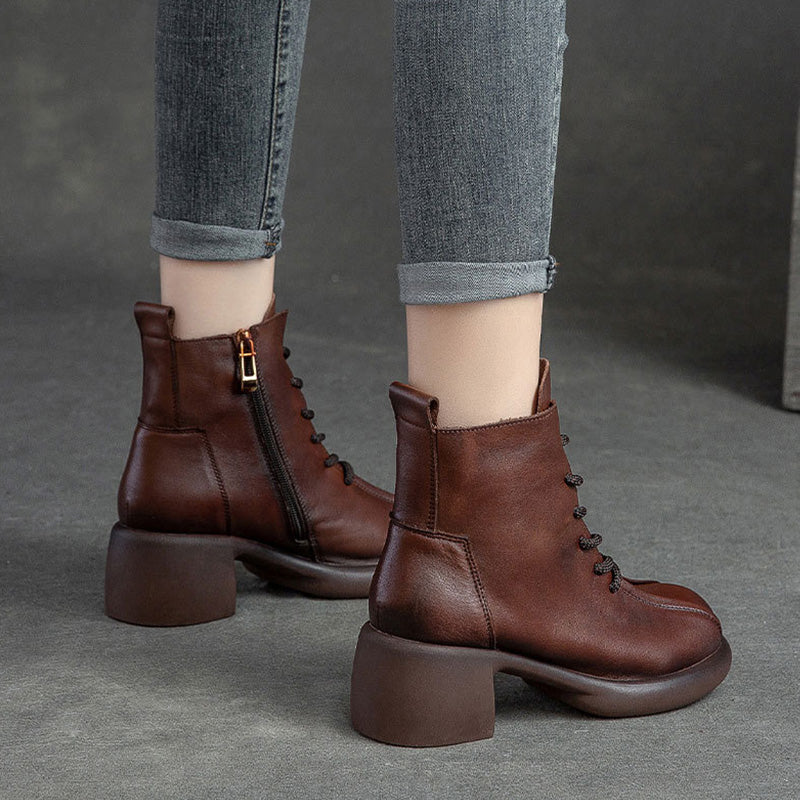 Women Retro Soft Leather Chunky Heel Boots-RAIIFY