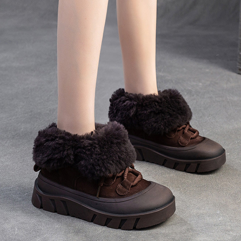 Women Solid Cowhide Warm Casual Woolen Snow Boots-RAIIFY