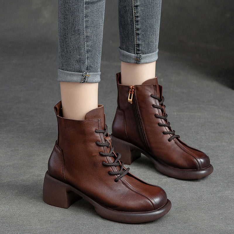 Women Retro Soft Leather Chunky Heel Boots-RAIIFY