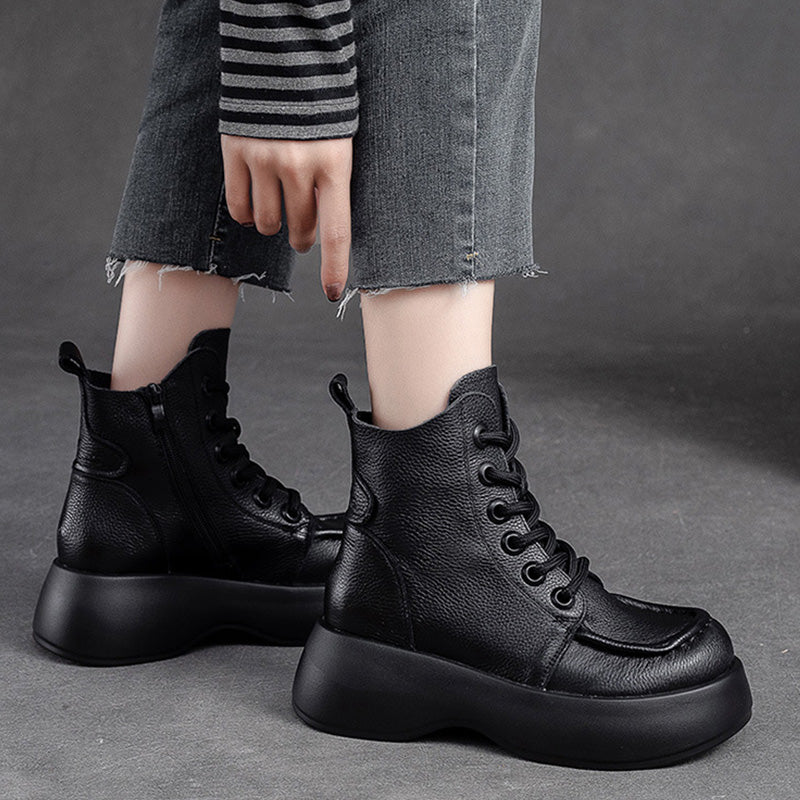 Women Retro Minimalist Leather Platform Boots-RAIIFY