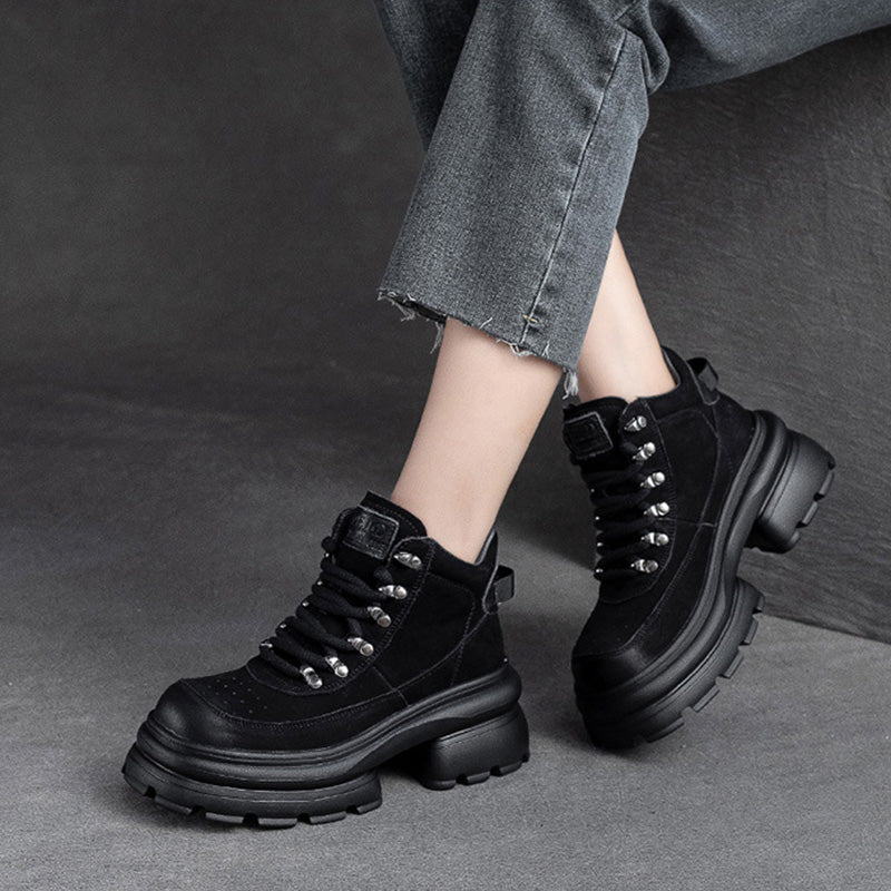 Women Retro Leather Chunky Platform Ankle Boots-RAIIFY
