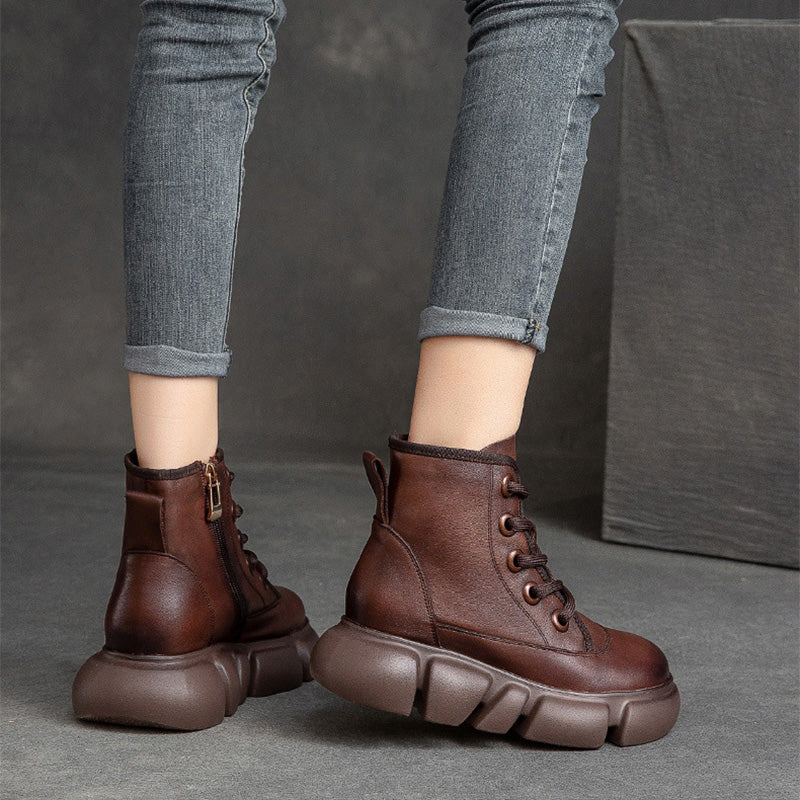Women Retro Minimalist Leather Furred Platform Boots-RAIIFY