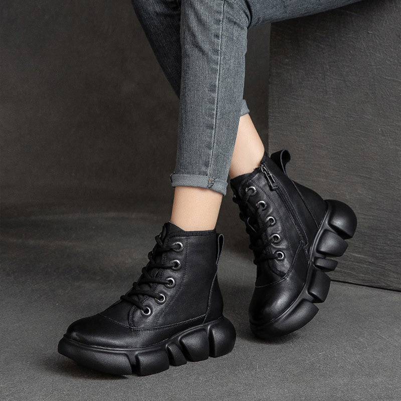 Women Retro Minimalist Leather Furred Platform Boots-RAIIFY