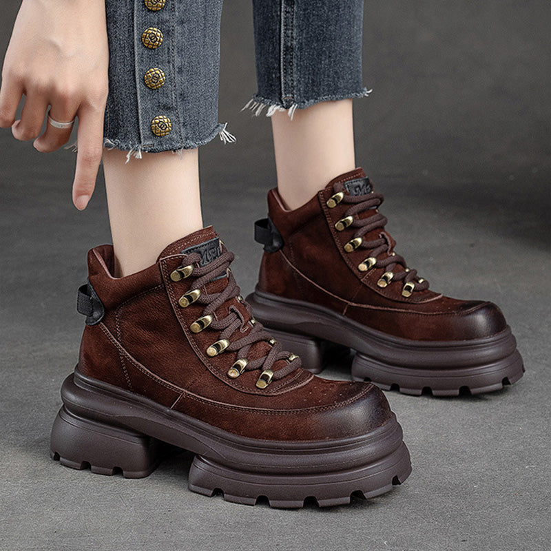 Women Retro Leather Chunky Platform Ankle Boots-RAIIFY