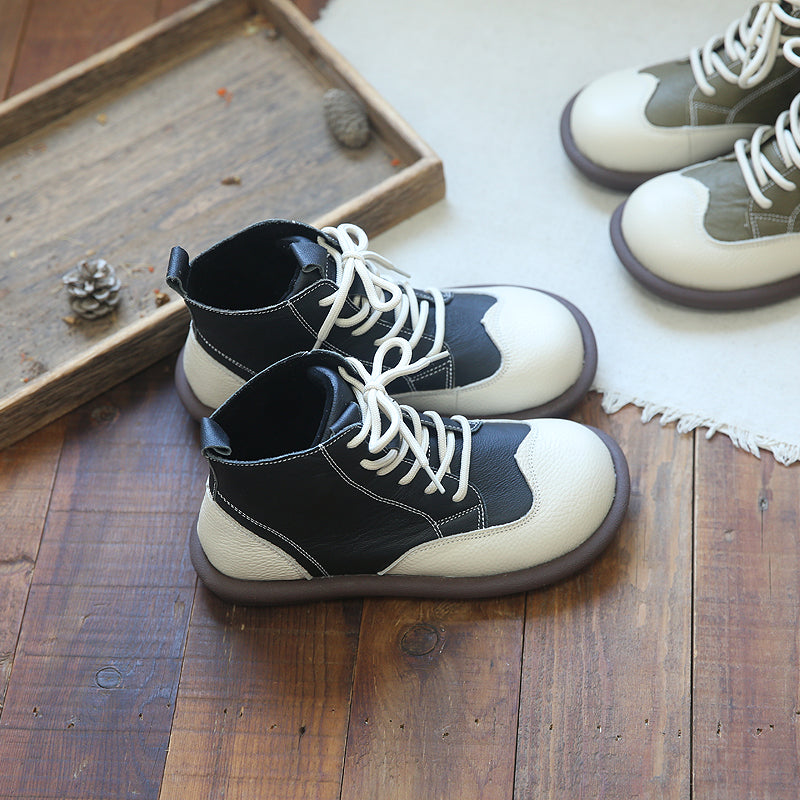 Women Retro Leather Patchwork Casual Flat Boots-RAIIFY