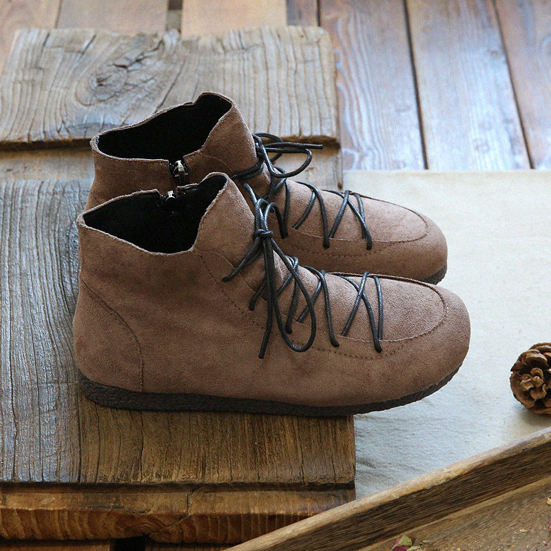 Women Retro Solid Suede Casual Flat Boots-RAIIFY