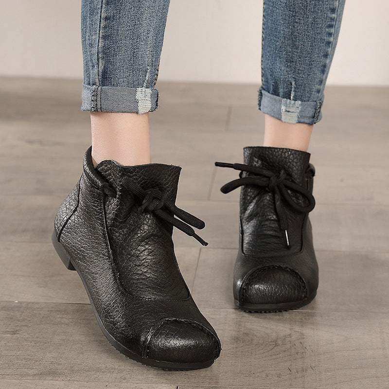 Women Retro Soft Leather Patchwork Flat Boots-RAIIFY