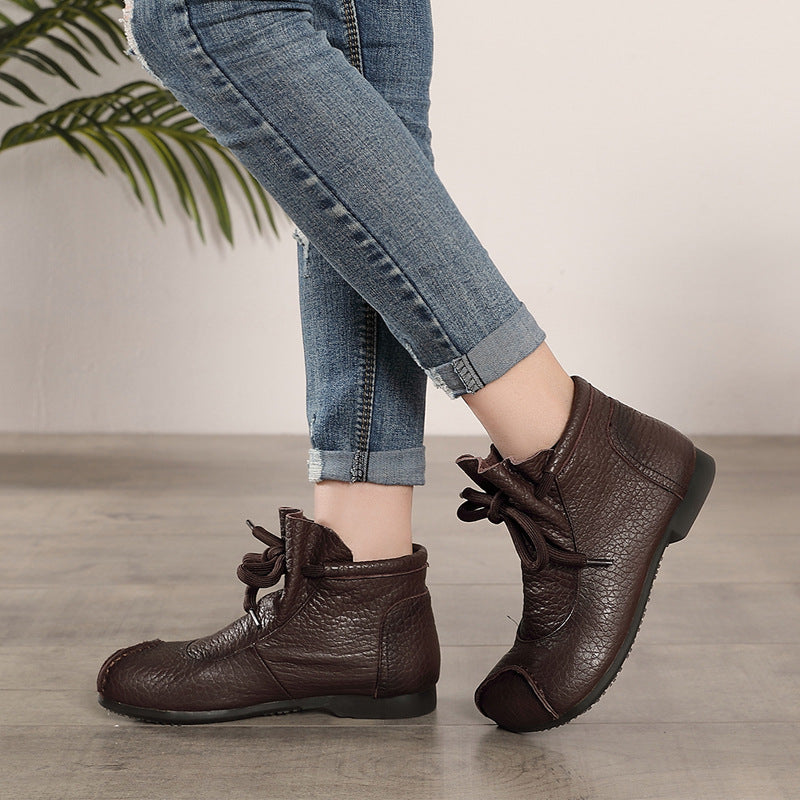 Women Retro Soft Leather Patchwork Flat Boots-RAIIFY