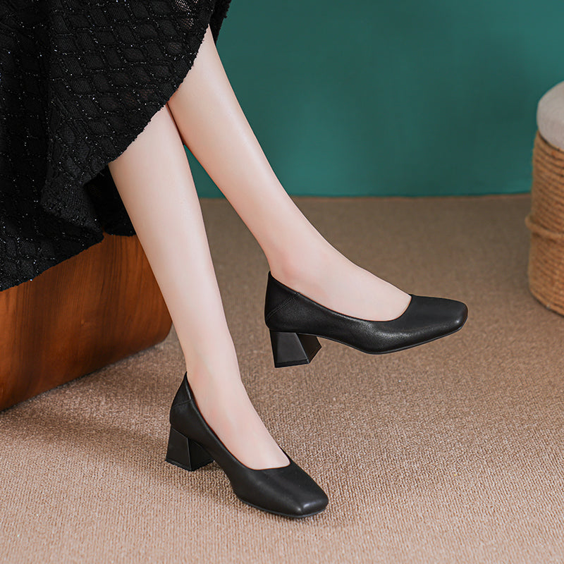 Women Minimalist Soft Comfort Leather Chunky Heel Pumps-RAIIFY