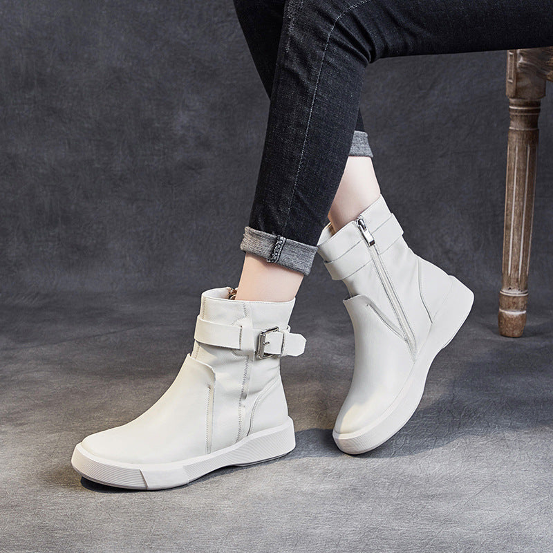 Women Soft Leather Casual Flat Boots-RAIIFY