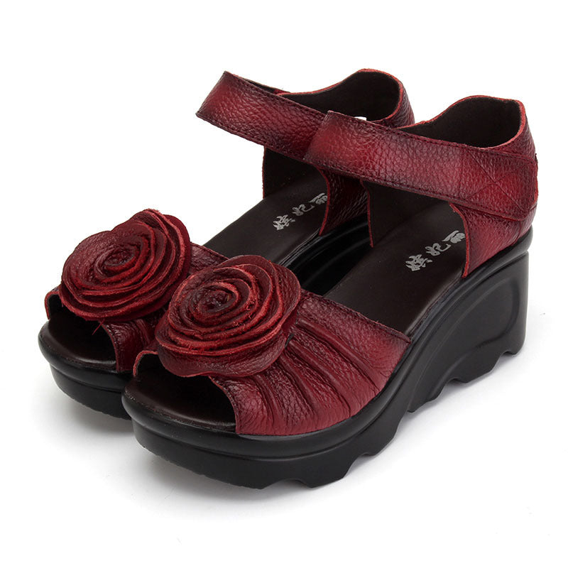 Women Summer Retro Leather Wedge Sandals-RAIIFY