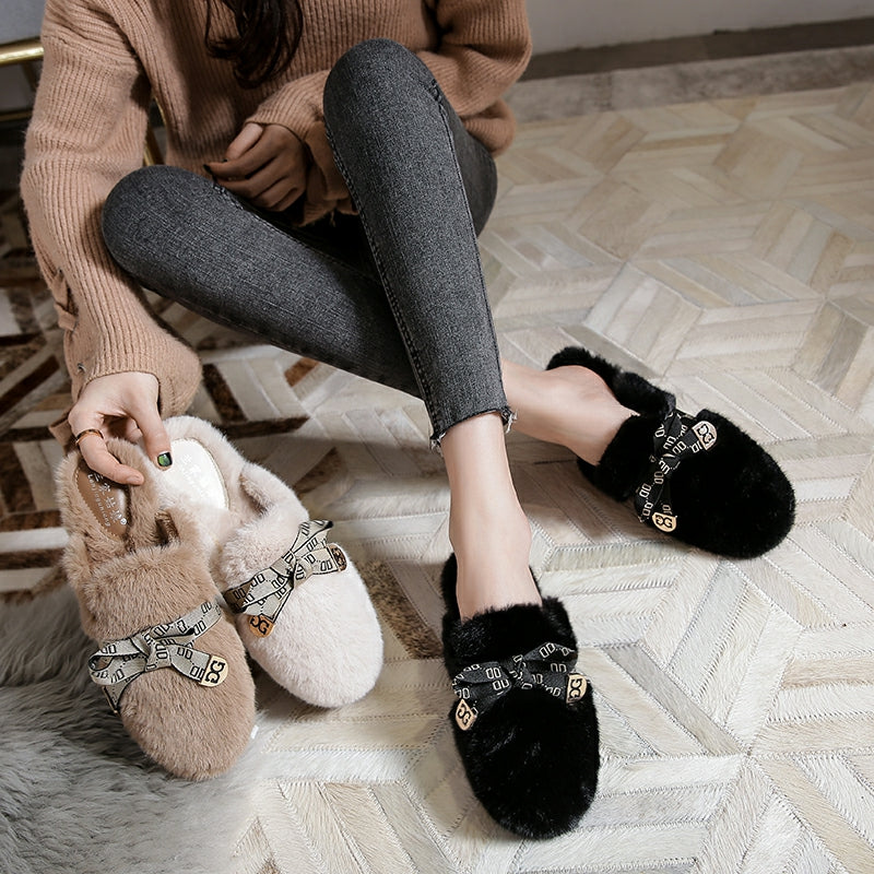 Women Fashion Bowknot Winter Furred Mules-RAIIFY