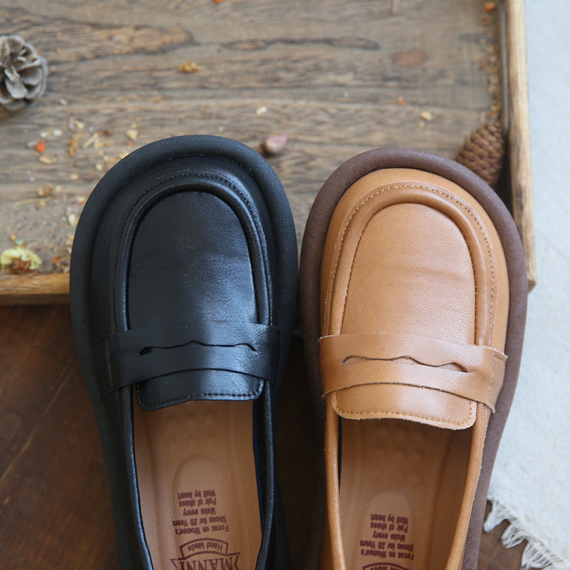 Women Retro Solid Leather Casual Loafers-RAIIFY