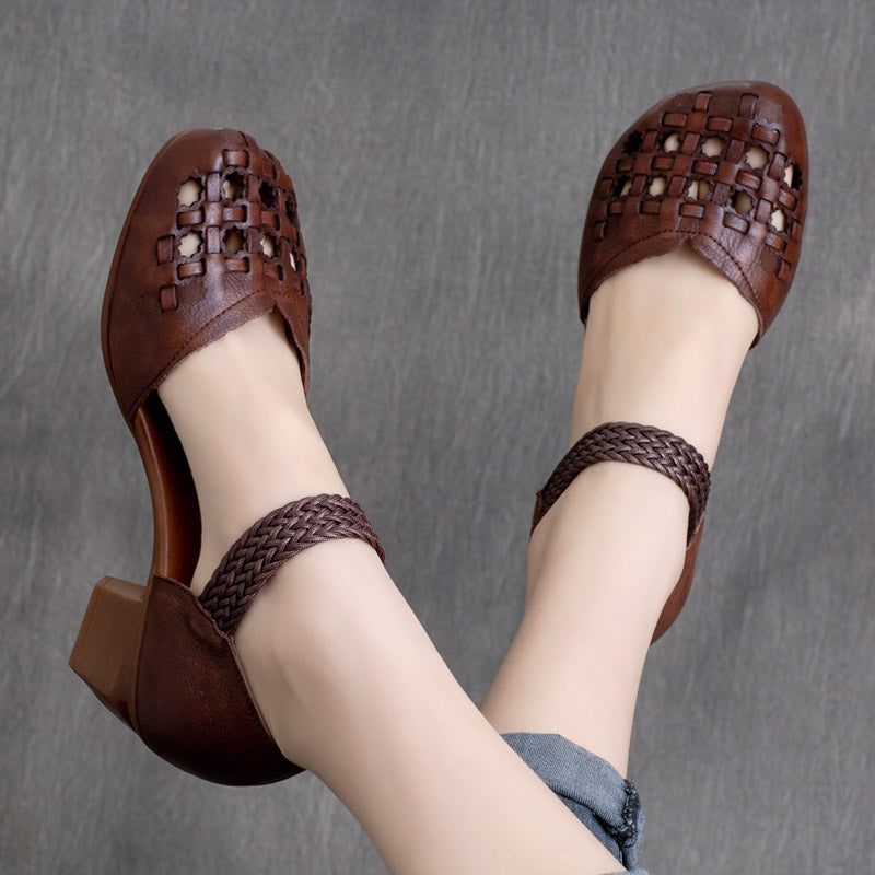 Women Retro Hollow Leather Chunky Heel Sandals-RAIIFY