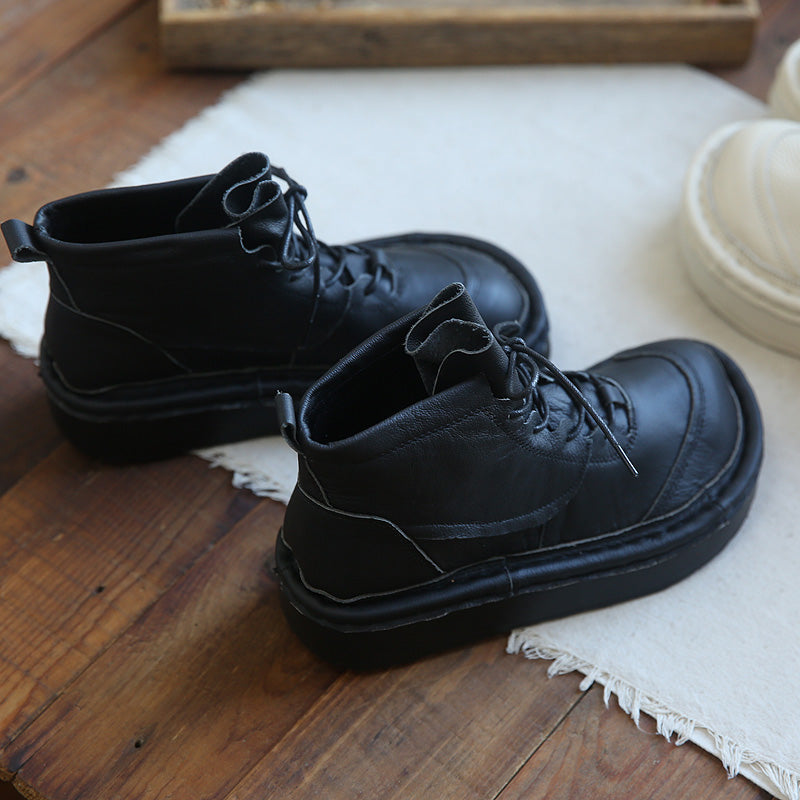 Women Leather Round Head Platform Casual Boots-RAIIFY