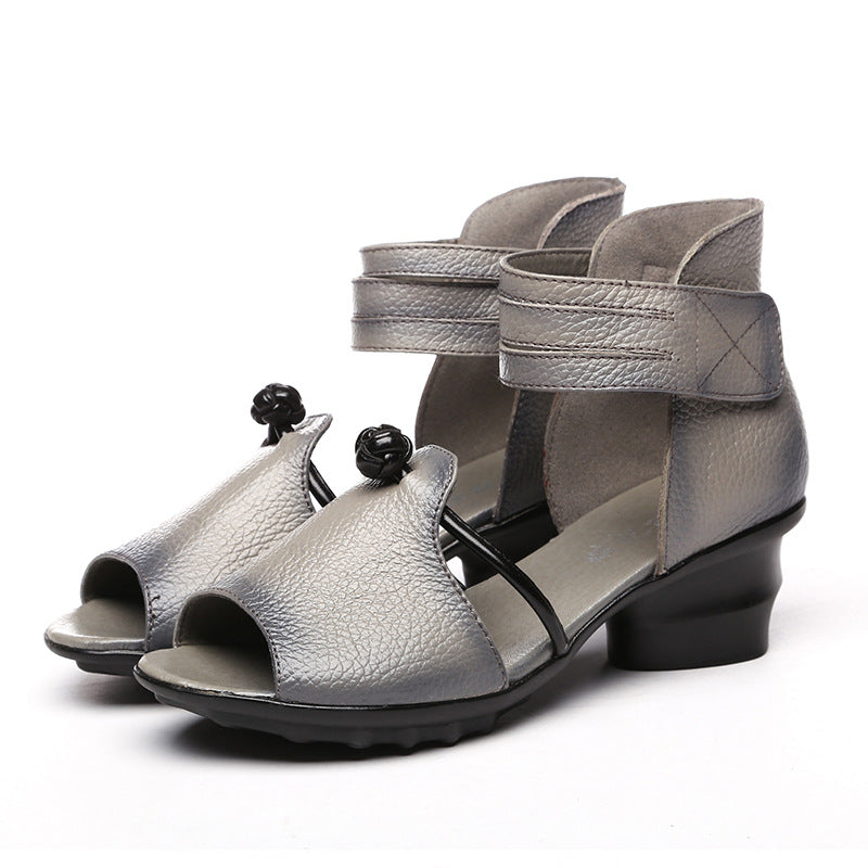 Women Summer Leather Velcro Low Heel Sandals-RAIIFY