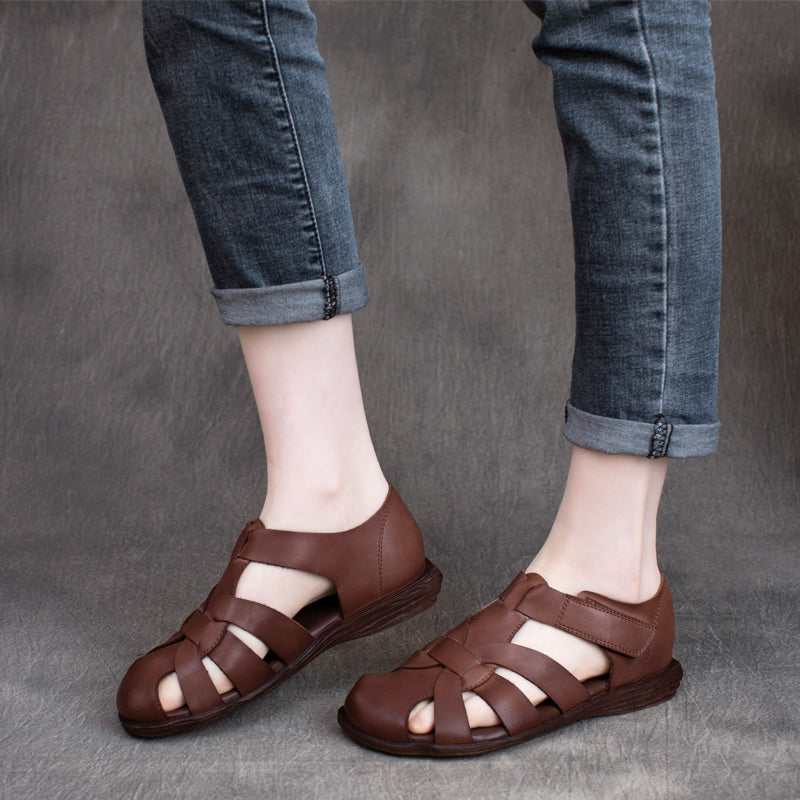 Women Summer Retro Leather Velcro Sandals-RAIIFY