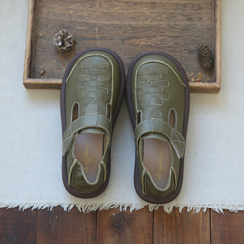 Women Plaited Leather Velcro Summer Casual Sandals-RAIIFY