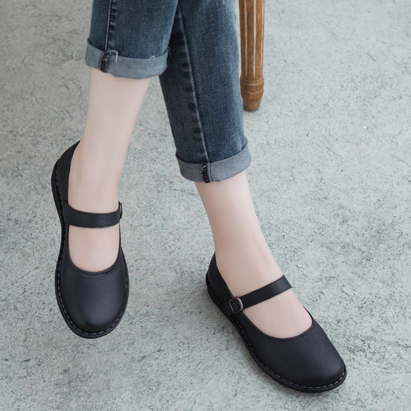 Women Casual Retro Leather Handmade Buckle Flats-RAIIFY