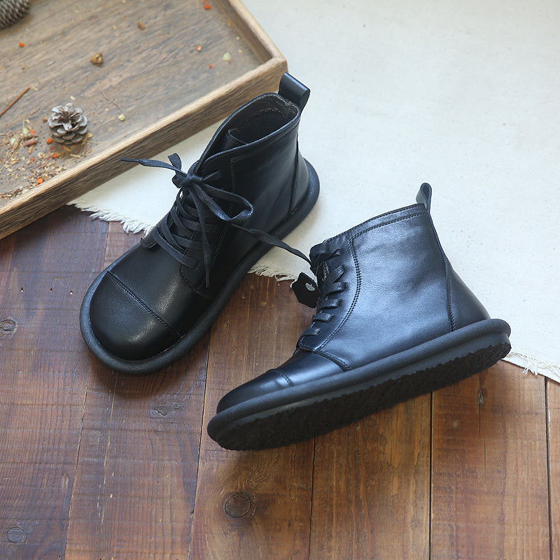 Women Soft Cowhide Leather Retro Solid Flat Boots-RAIIFY