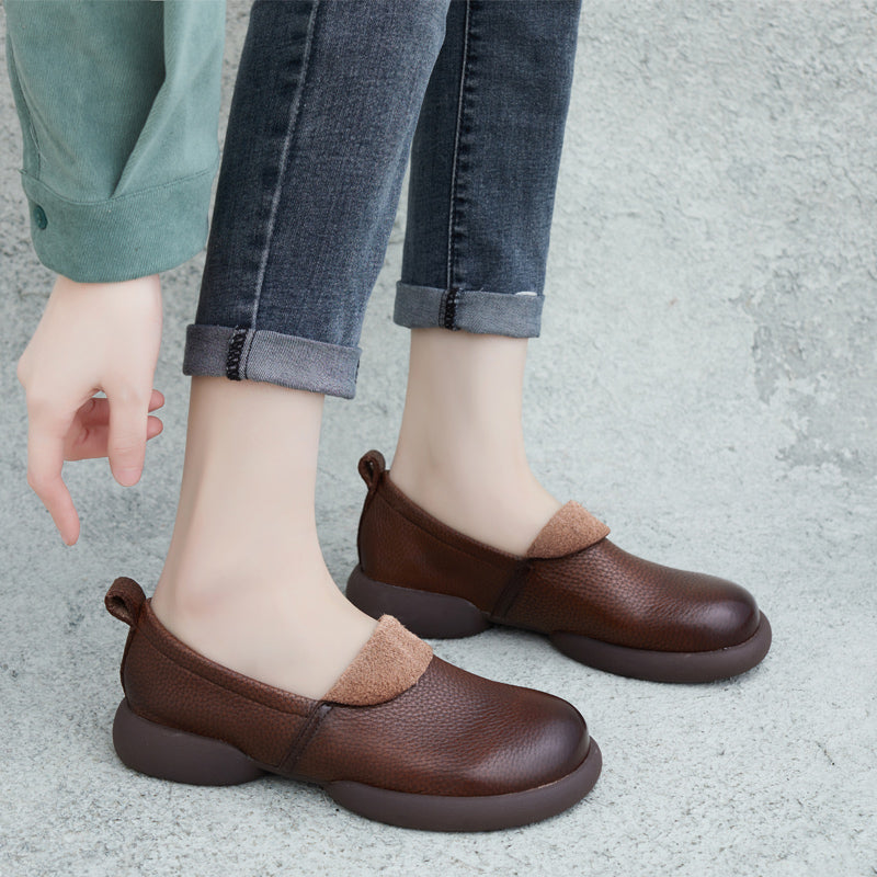 Women Retro Soft Cowhide Solid Flat Loafers-RAIIFY