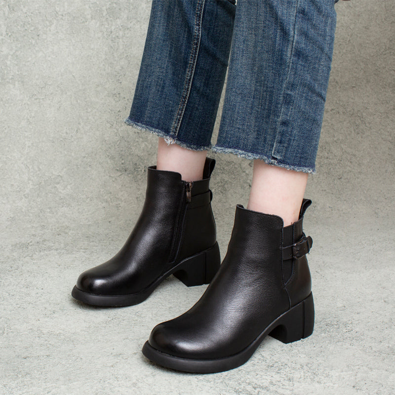 Women Handmade Casual Leather Chunky Heel Boots-RAIIFY