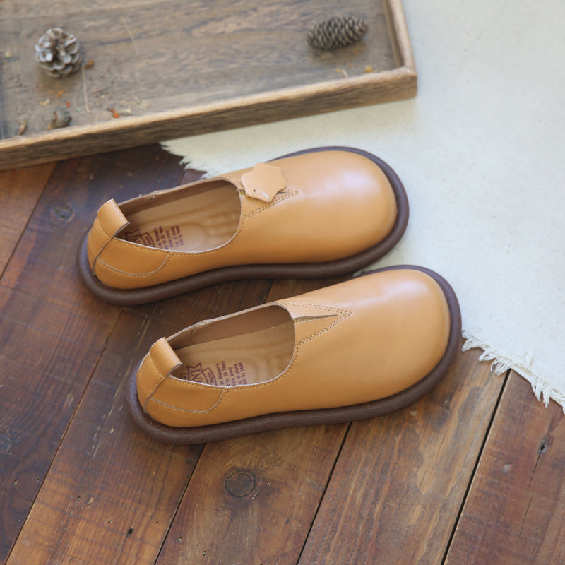 Women Retro Solid Soft Leather Flat Casual Shoes-RAIIFY