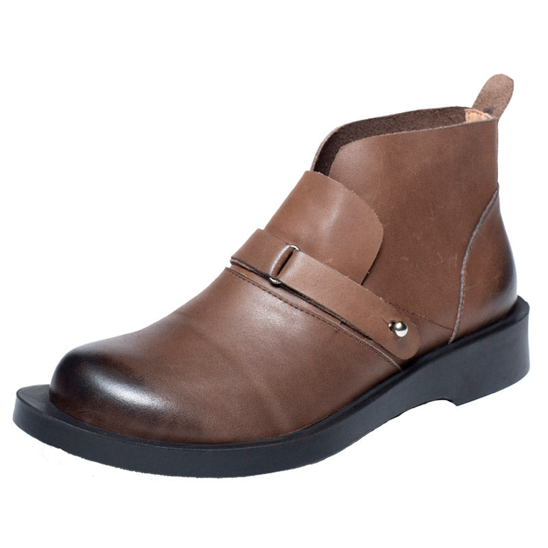 Women Solid Leather Retro Soft Flat Boots-RAIIFY