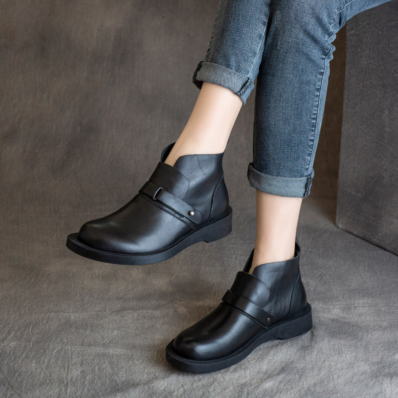 Women Solid Leather Retro Soft Flat Boots-RAIIFY