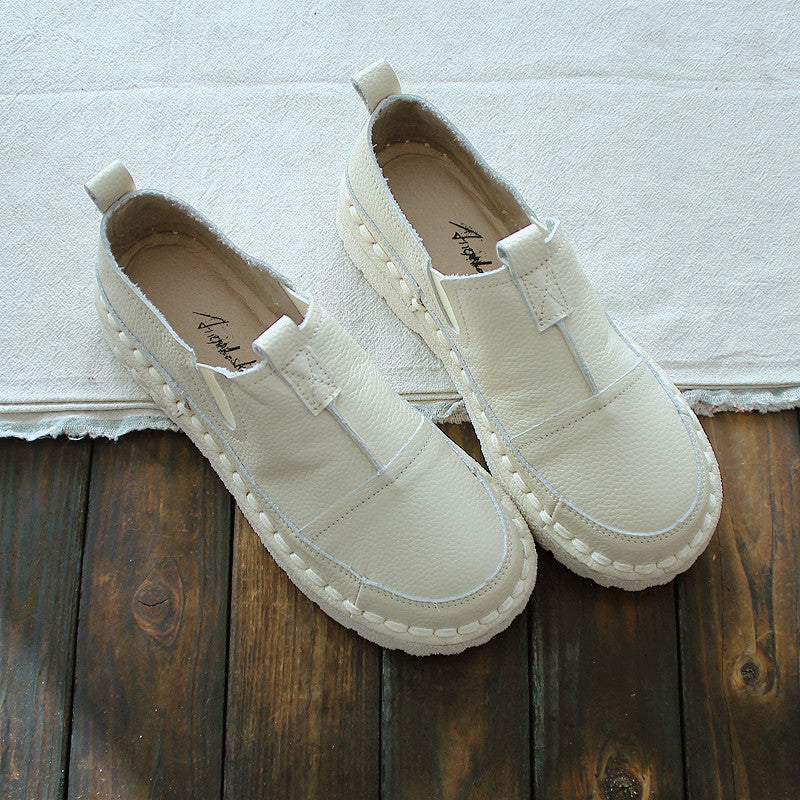 Women Retro Solid White Leather Casual Shoes-RAIIFY