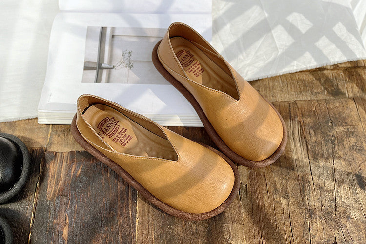 Women Retro Solid Soft Leather Flat Loafers-RAIIFY