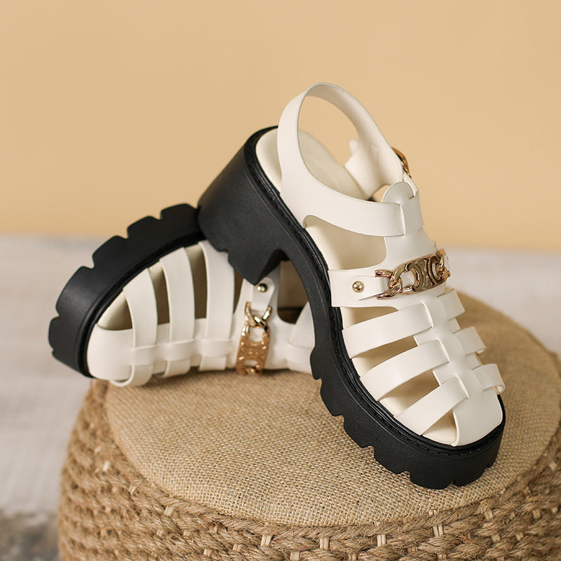 Women Summer Retro Leather Chunky Heel Casual Sandals-RAIIFY