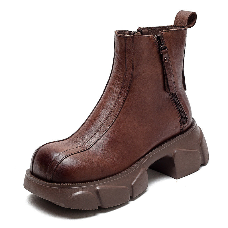 Women Retro Minimalist Casual Leather Chunky Heel Boots-RAIIFY