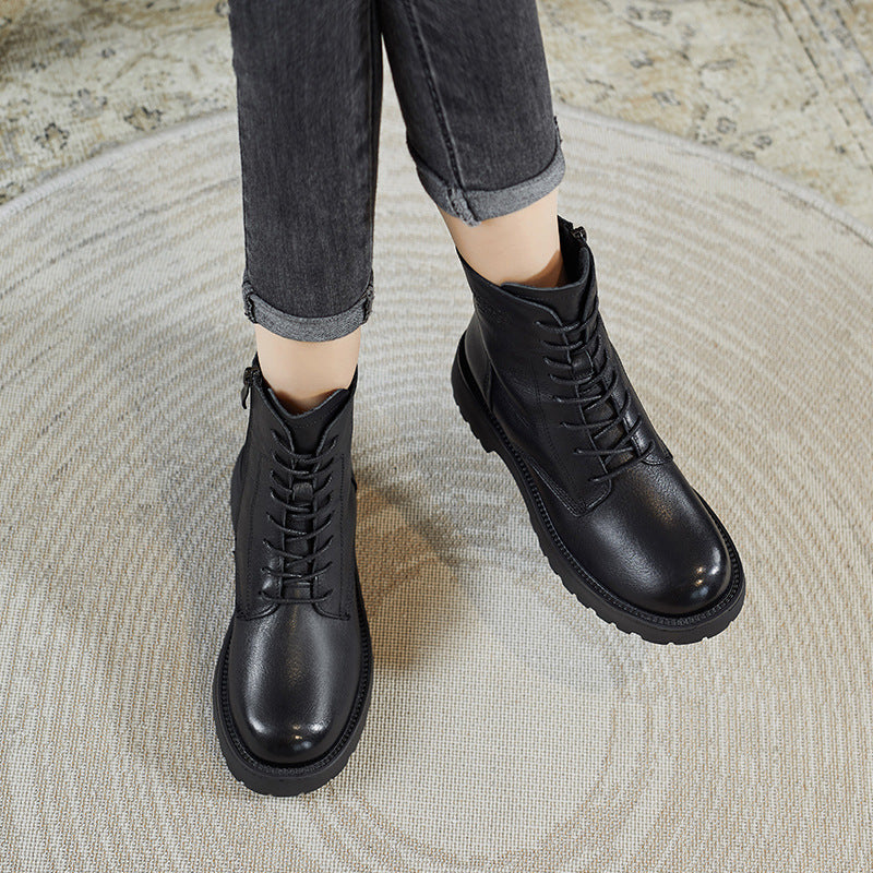 Women Retro Fashion Leather Combat Boots-RAIIFY