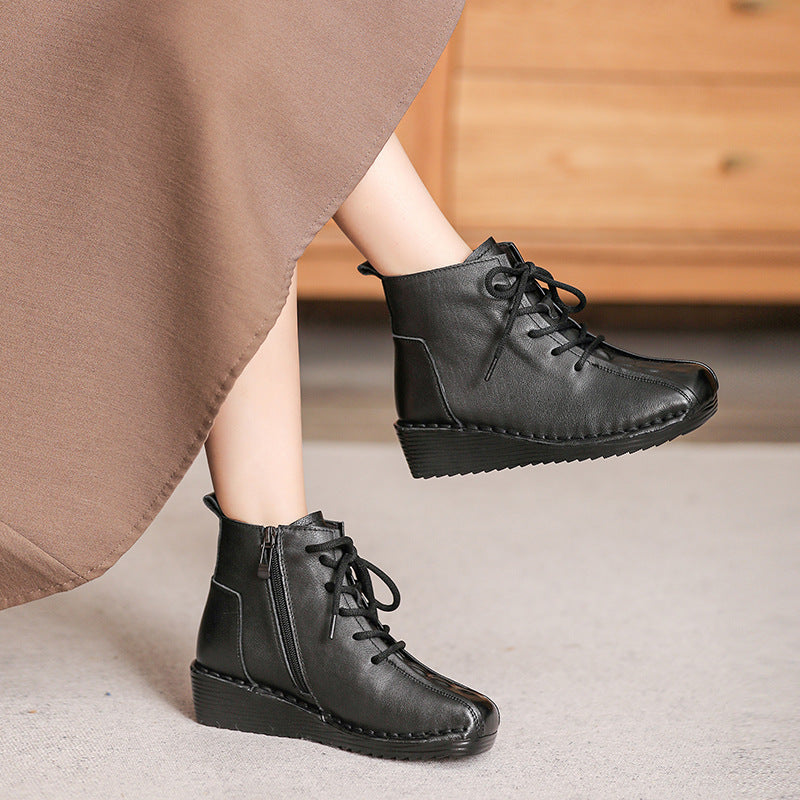 Women Minimalist Leather Furred Low Wedge Boots-RAIIFY