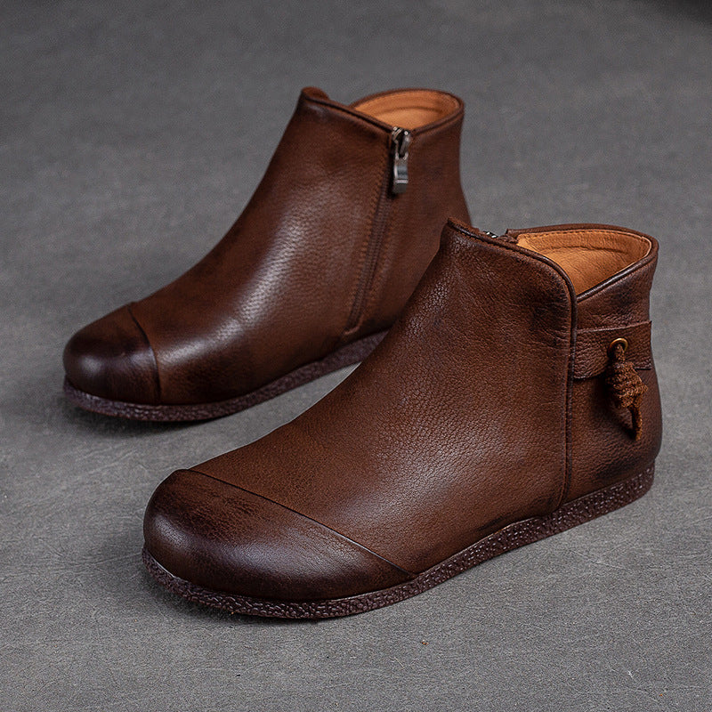 Women Retro Minimalist Leather Soft Flat Ankle Boots-RAIIFY