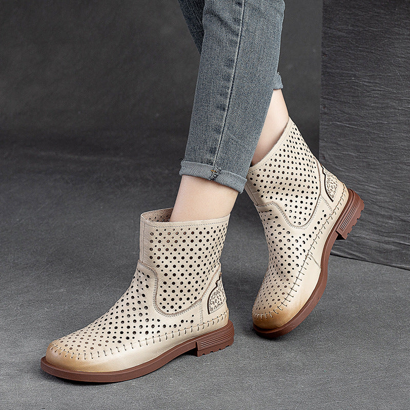 Women Summer Retro Hollow Leather Flat Boots-RAIIFY