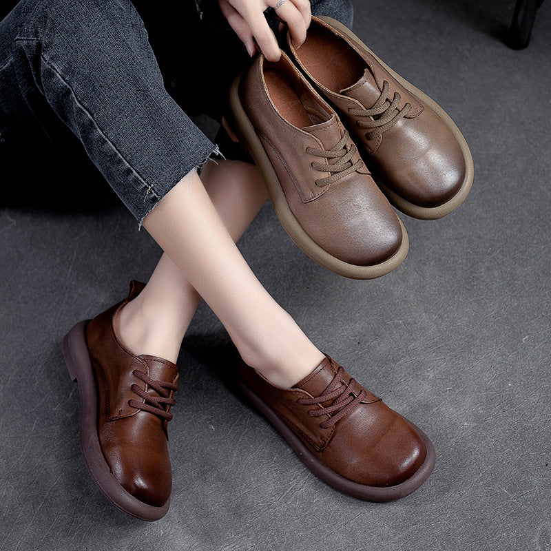 Women Retro Solid Soft Leather Casual Shoes