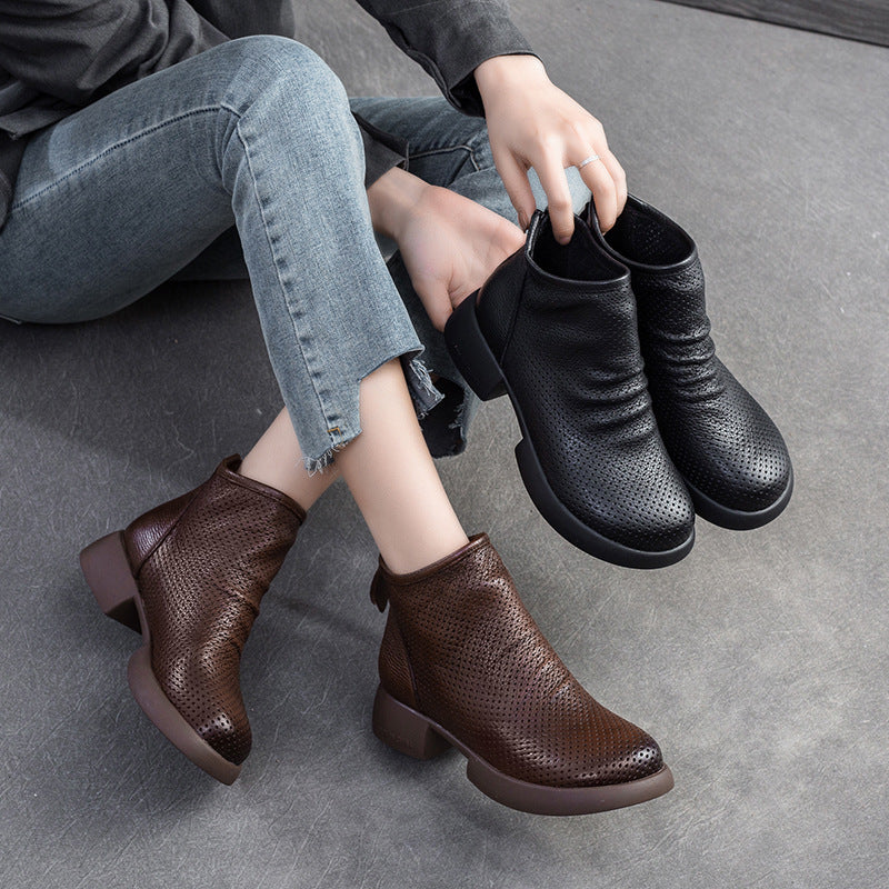 Women Retro Minimalist Hollow Leather Casual Ankle Boots-RAIIFY