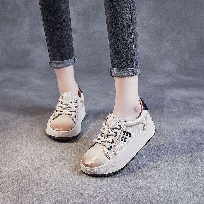 Women Casual Lace Up Cowhide Thick Soled Shoes-RAIIFY
